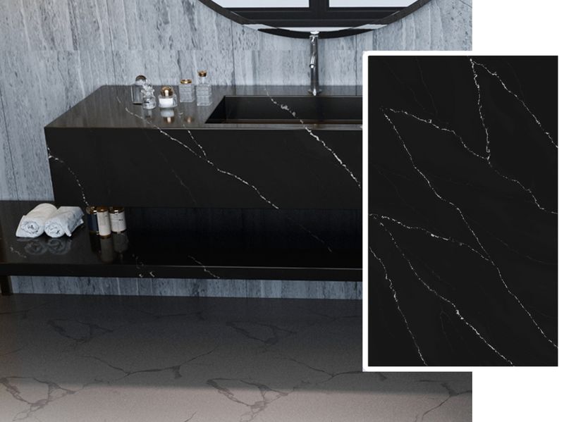 5ft x 10ft x 3/4” | Quartz Countertop - Dawning Black Slab, Polished Honed Countertop,  White &amp; Black