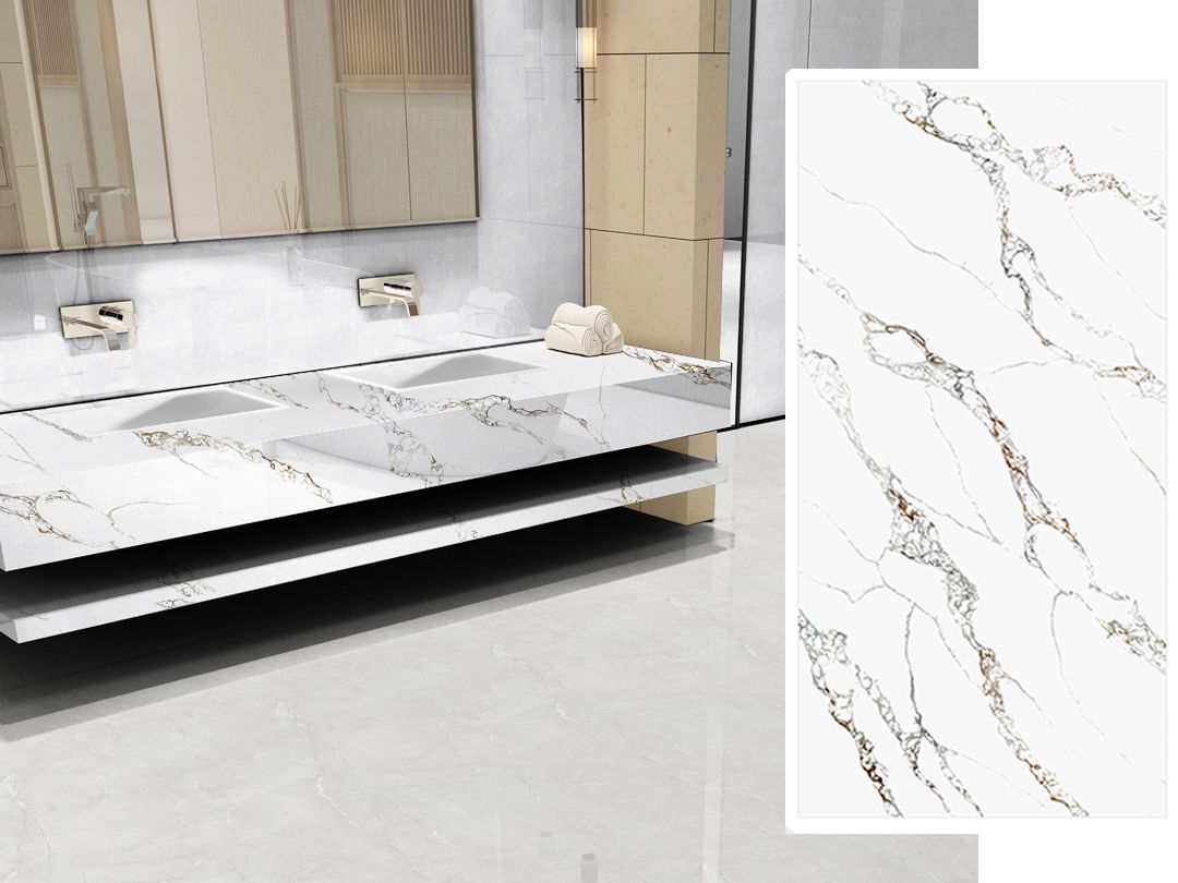 5ft x 10ft x 3/4” | Quartz Countertop - Borage Platinum Slab, Polished Honed Countertop, Grey, White