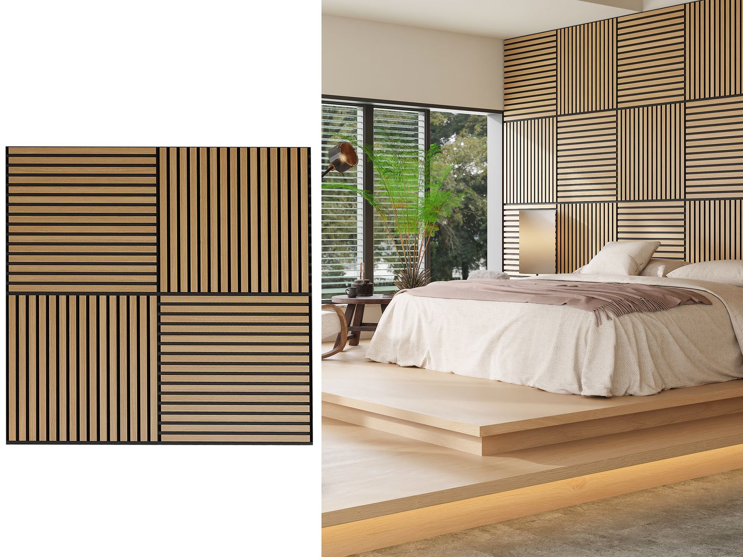 605 × 605 x 21 x 27/13mm  |  White Oak Square A &amp; B WPC Acoustic Wall Panel, AP001
