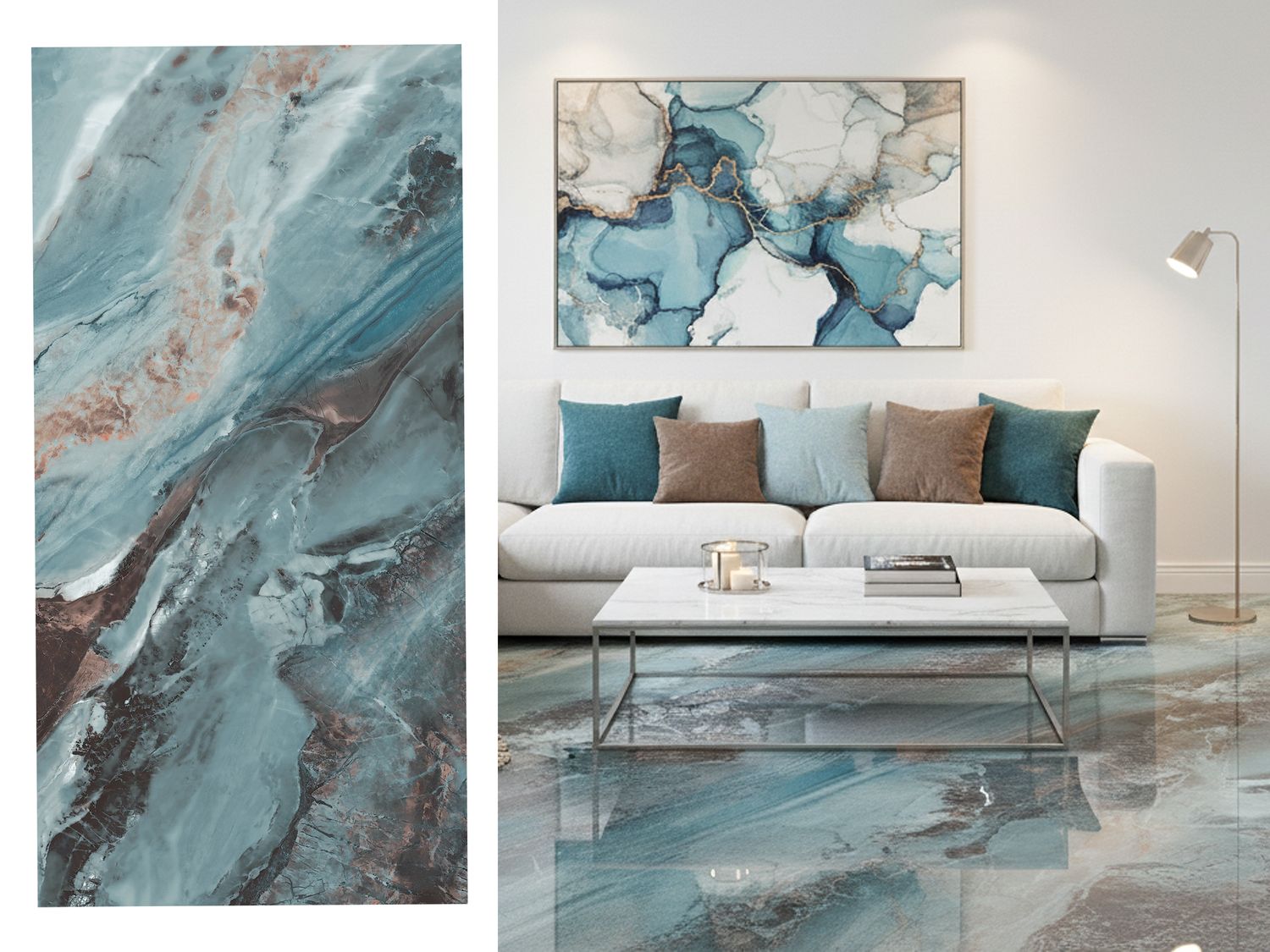 1 Box -2 PC, 24&quot;x48&quot; | Florish Ice, High Glossy Porcelain Wall &amp; Floor Tiles, Marble Effect, Blues, Greens, Browns, Orange