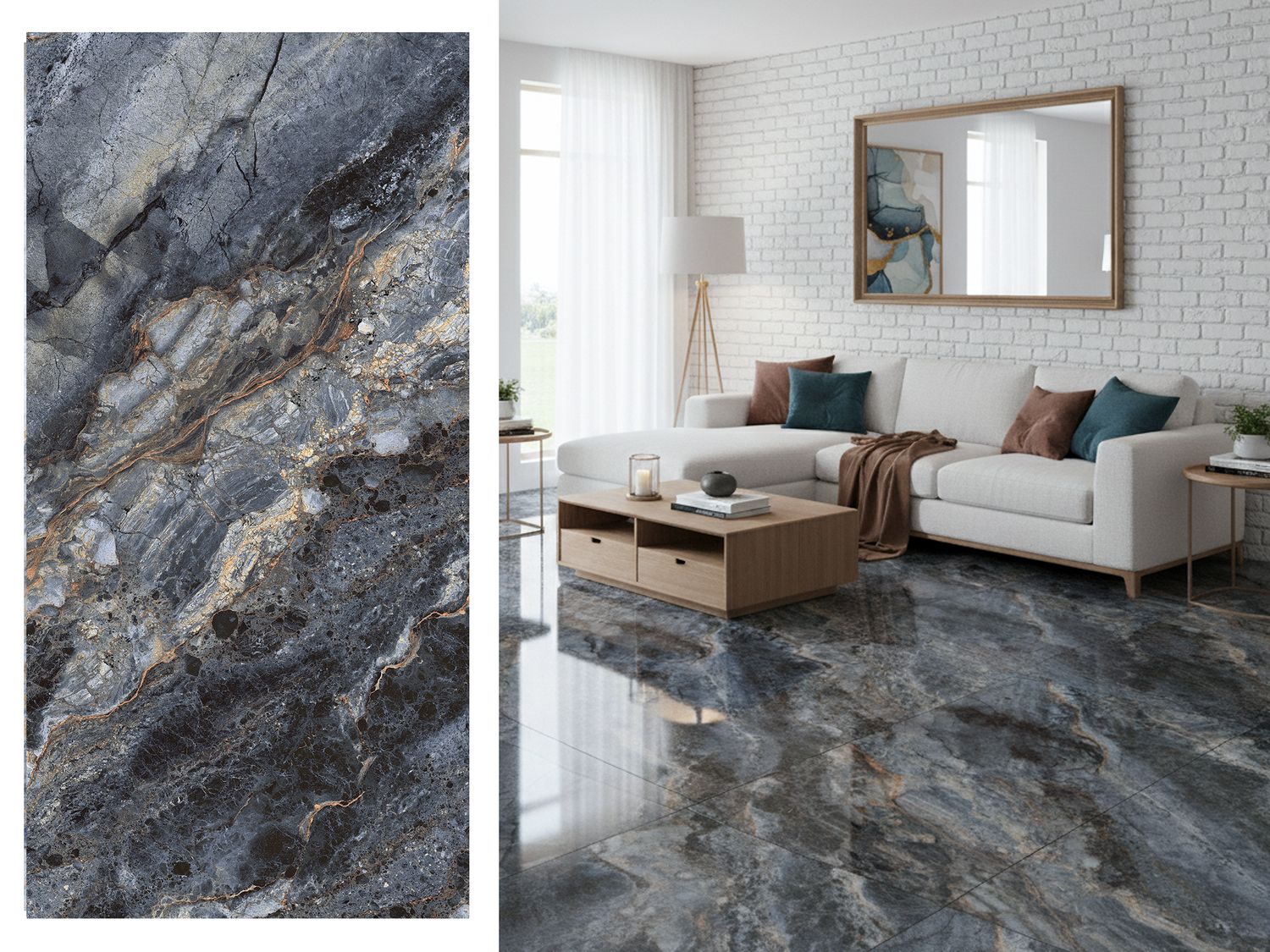 1 Box -2 PC, 24&quot;x48&quot; | Nickolas Marble , High Glossy Porcelain Wall &amp; Floor Tiles, Marble Effect, Golds, Greys, Black