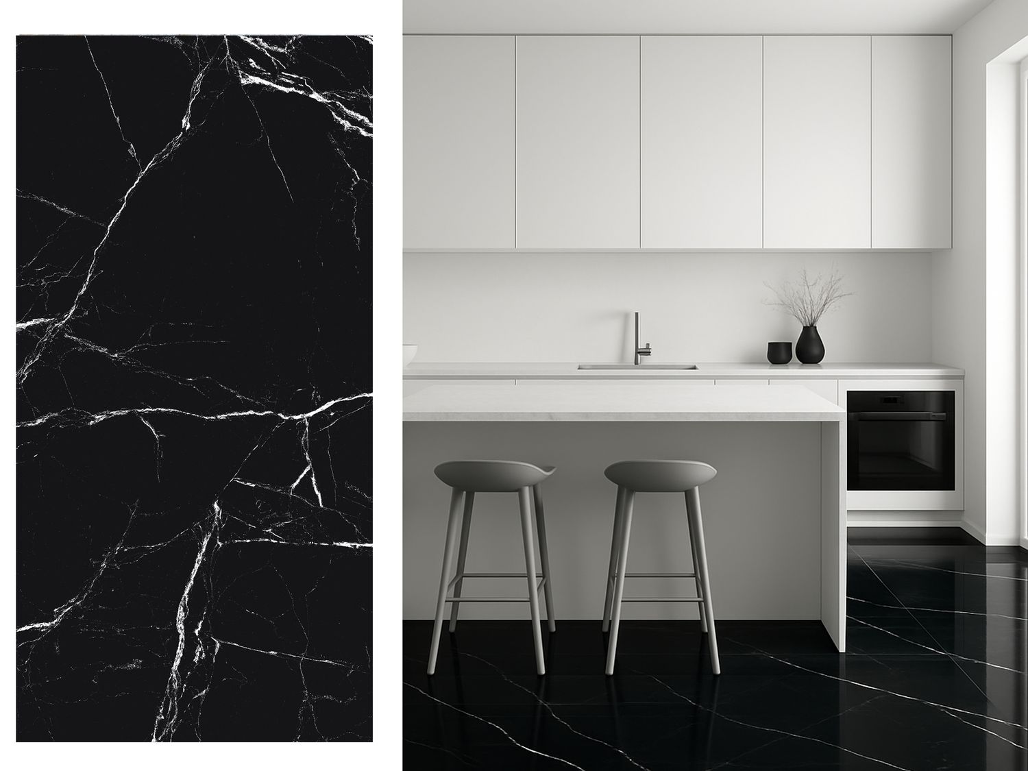 1 Box -2 PC, 24&quot;x48&quot; | Black Volcan, High Glossy Porcelain Wall &amp; Floor Tiles, Marble Effect, Black, White