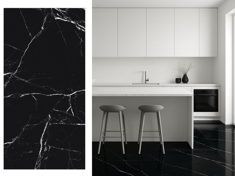 1 Box -2 PC, 24&quot;x48&quot; | Black Volcan, High Glossy Porcelain Wall &amp; Floor Tiles, Marble Effect, Black, White
