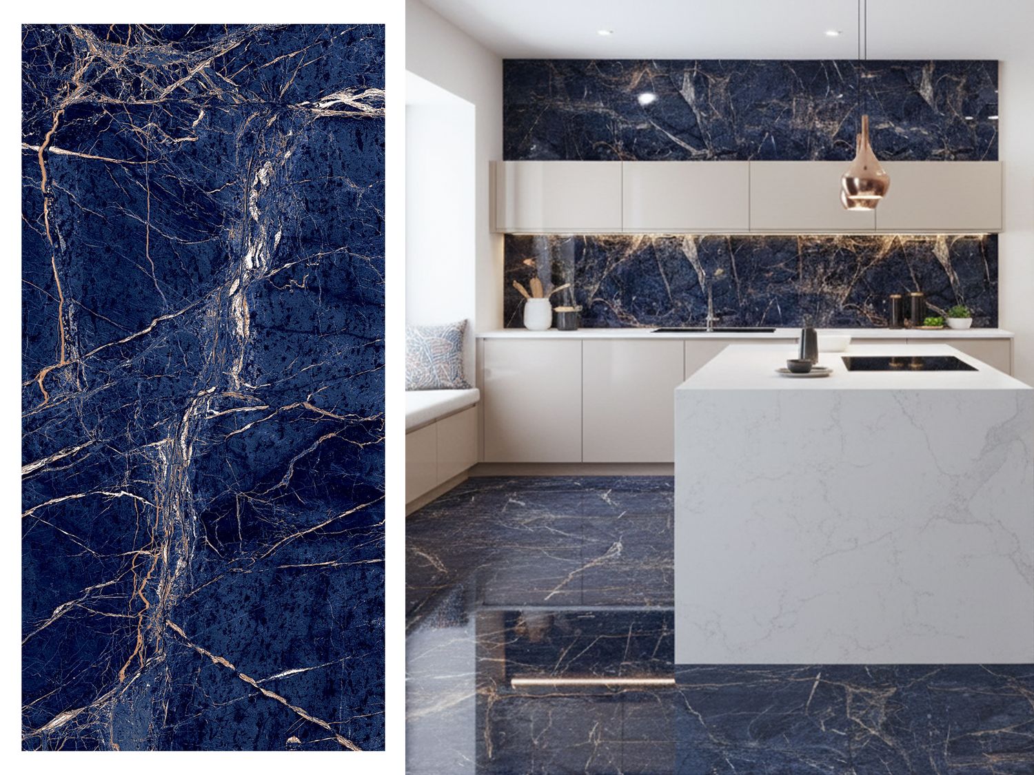 1 Box -2 PC, 24&quot;x48&quot; | Terracotta Blue , High Glossy Porcelain Wall &amp; Floor Tiles, Marble Effect, Blue, Gold