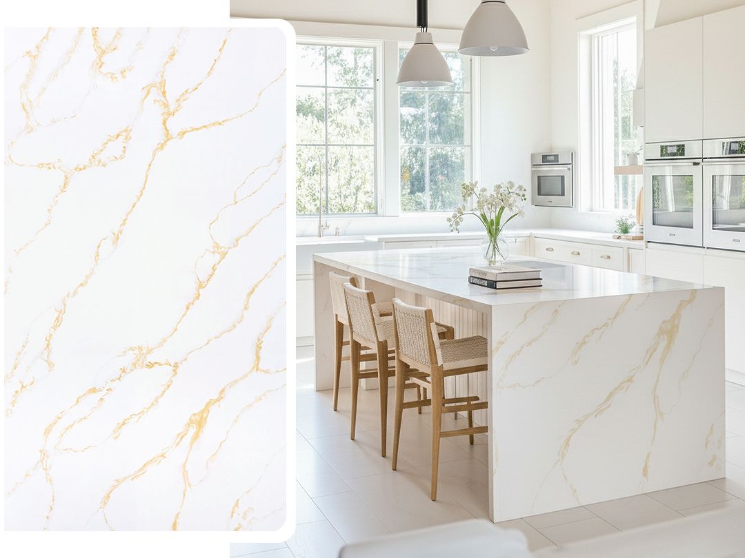 (9ft x 26") or (10ft x 5ft) | Quartz Countertop - Elisabeth Gold  Slab, Polished Honed Countertop, Gold, White