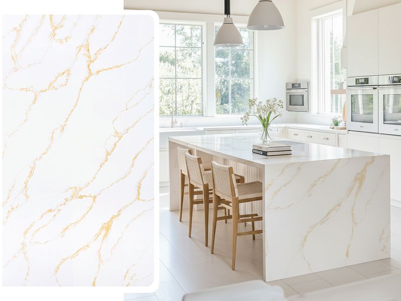 (9ft x 26&quot;) or (10ft x 5ft) | Quartz Countertop - Elisabeth Gold  Slab, Polished Honed Countertop, Gold, White