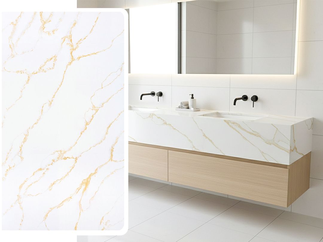 (9ft x 26&quot;) or (10ft x 5ft) | Quartz Countertop - Elisabeth Gold Slab, Polished Honed Countertop, Gold, White