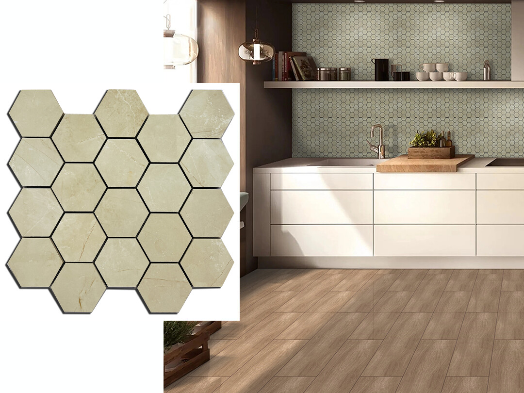 12" x 12" |  Mosaic Wall Tiles, Beige Marble Effect