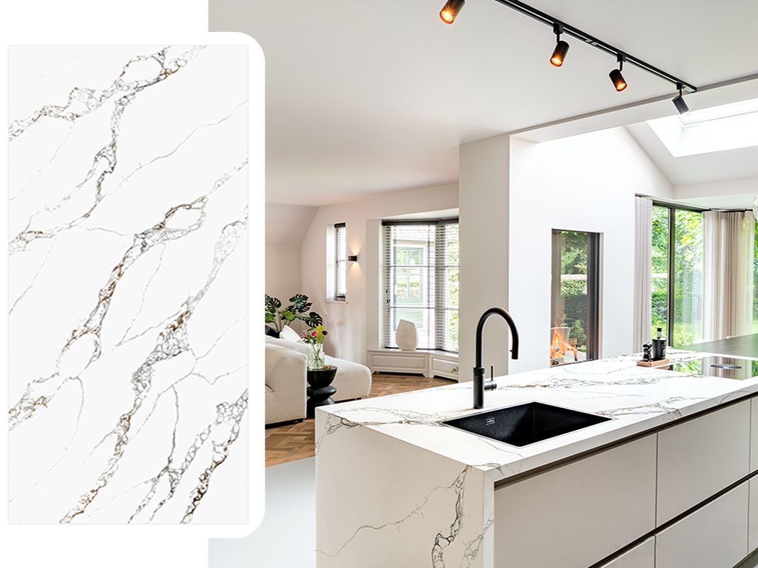 (9ft x 26") or (10ft x 5ft) | Quartz Countertop - Borage Platinum Slab, Polished Honed Countertop, Grey, White