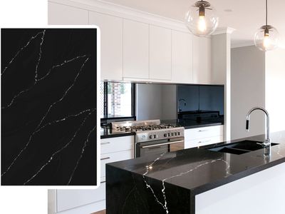 (9ft x 26") or (10ft x 5ft) | Quartz Countertop - Dawning Black Slab, Polished Honed Countertop, Black, White