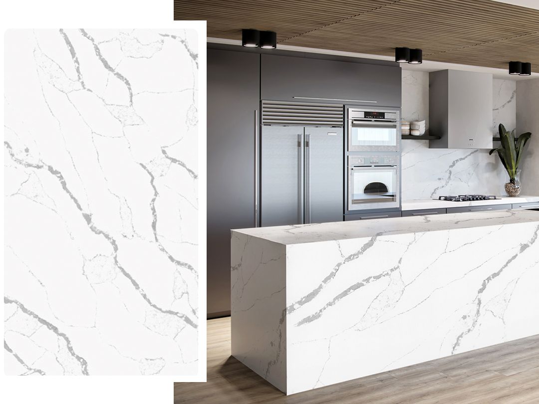 (9ft x 26") or (10ft x 5ft) | Quartz Countertop - Starry White Slab, Polished Honed Countertop, Grey, White