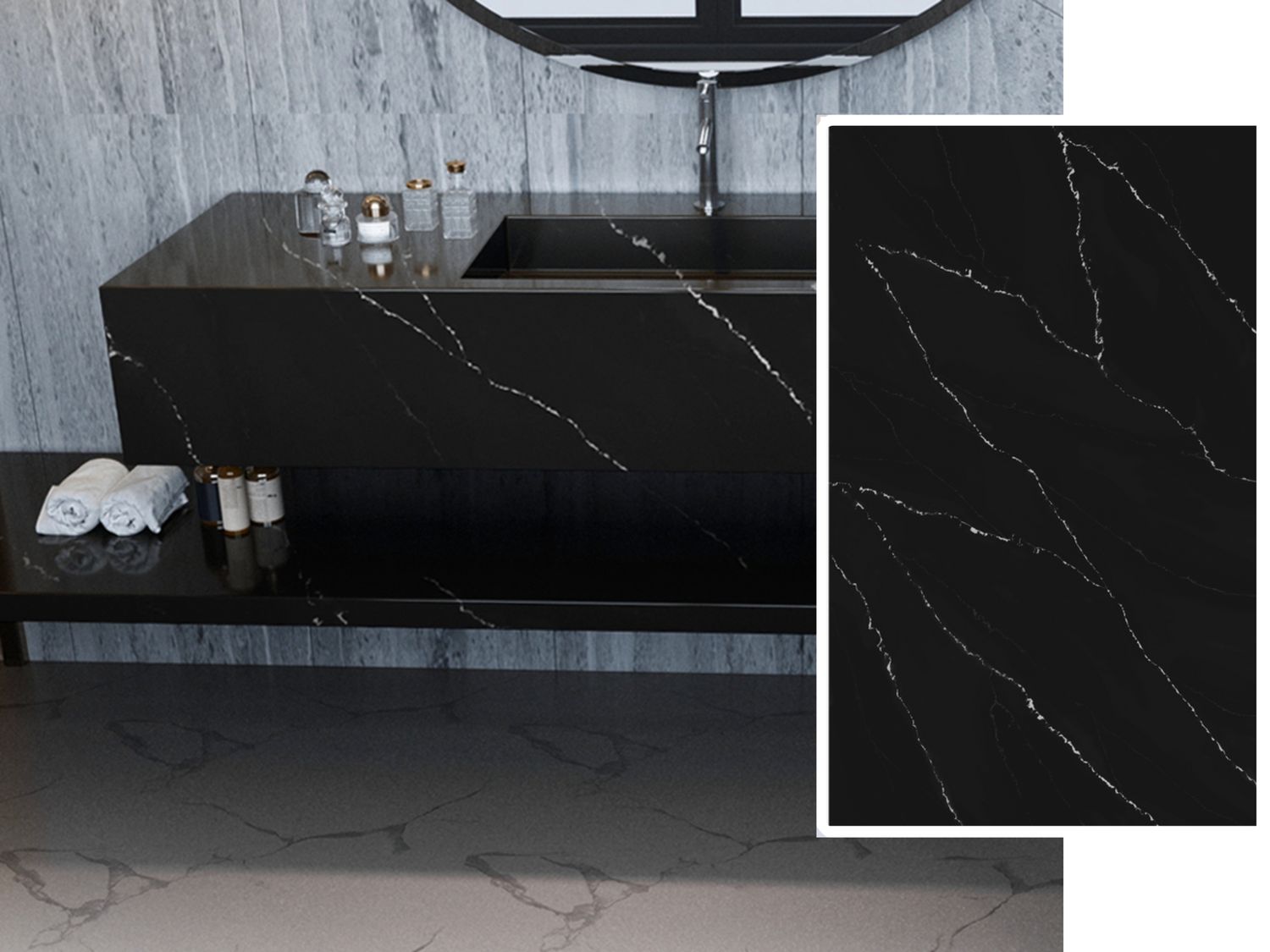 (9ft x 26") or (10ft x 5ft) | Quartz Countertop - Dawning Black Slab, Polished Honed Countertop,  White &amp; Black