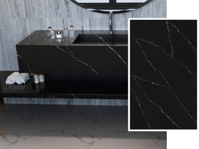 (9ft x 26") or (10ft x 5ft) | Quartz Countertop - Dawning Black Slab, Polished Honed Countertop,  White &amp; Black