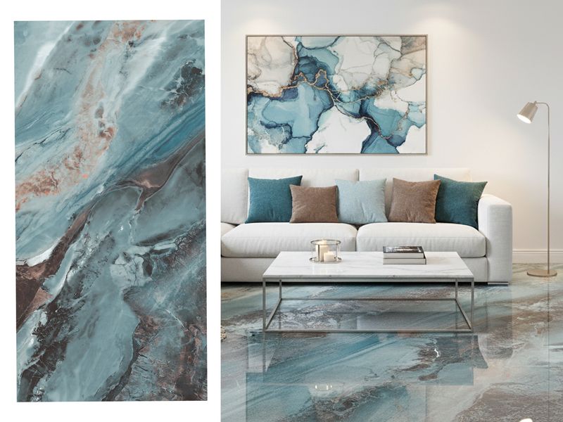 24"x48" Porcelain tiles | Florish Ice, High Glossy Wall &amp; Floor Tiles, Marble Effect, Blues, Greens, Browns, Orange