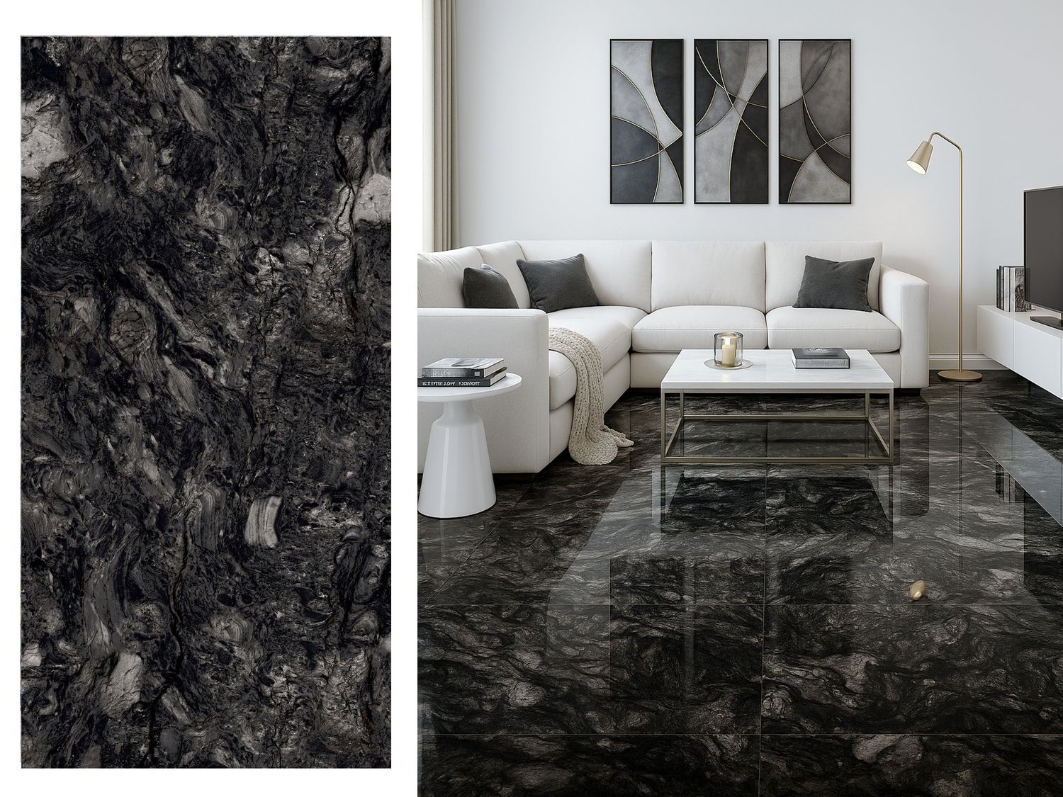 24"x48" Porcelain tiles | Galleta Black, High Glossy Wall &amp; Floor Tiles, Marble Effect, Black, Greys