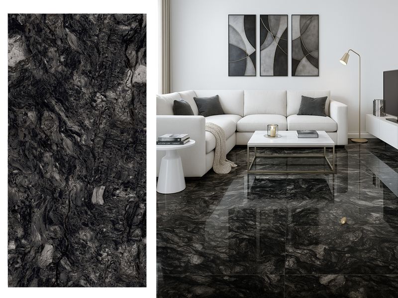 24"x48" Porcelain tiles | Galleta Black, High Glossy Wall &amp; Floor Tiles, Marble Effect, Black, Greys