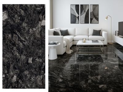 24"x48" Porcelain tiles | Galleta Black, High Glossy Wall &amp; Floor Tiles, Marble Effect, Black, Greys
