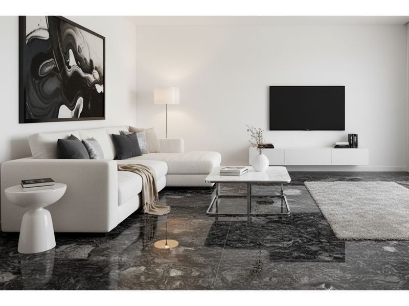 24"x48" Porcelain tiles | Galleta Black, High Glossy Wall &amp; Floor Tiles, Marble Effect, Black, Greys