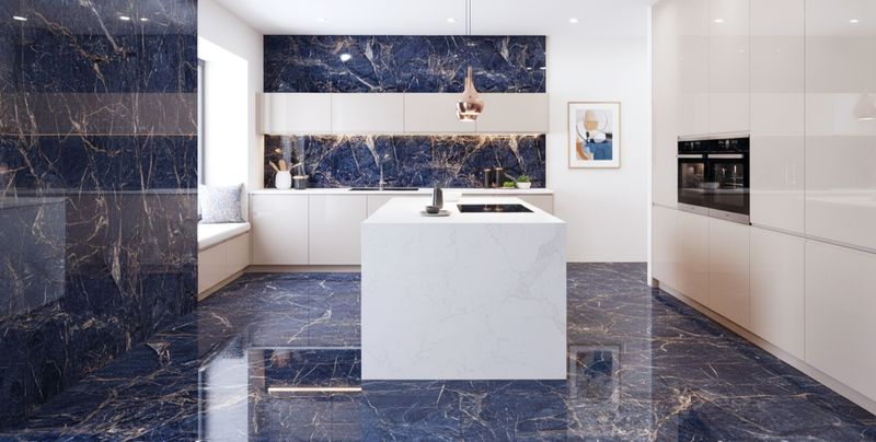 24"x48" Porcelain tiles | Terracotta Blue, High Glossy  Wall &amp; Floor Tiles, Marble Effect, Blue, Gold