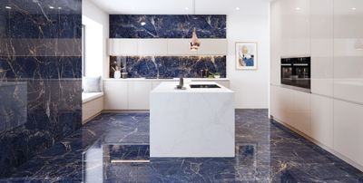24"x48" Porcelain tiles | Terracotta Blue, High Glossy  Wall &amp; Floor Tiles, Marble Effect, Blue, Gold