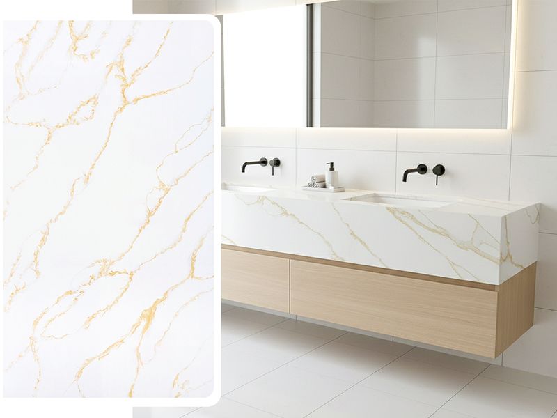 (9ft x 26") or (10ft x 5ft) | Quartz Countertop - Elisabeth Gold Slab, Polished Honed Countertop, Gold, White