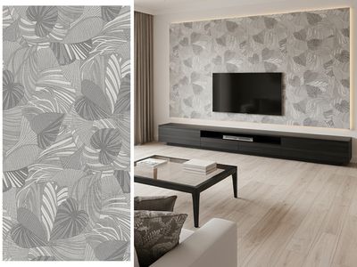 24"x48" Carving Porcelain Wall Tiles,| Cemento Grey Decor, 1 Box -2 PC, Leaf Design, Grey