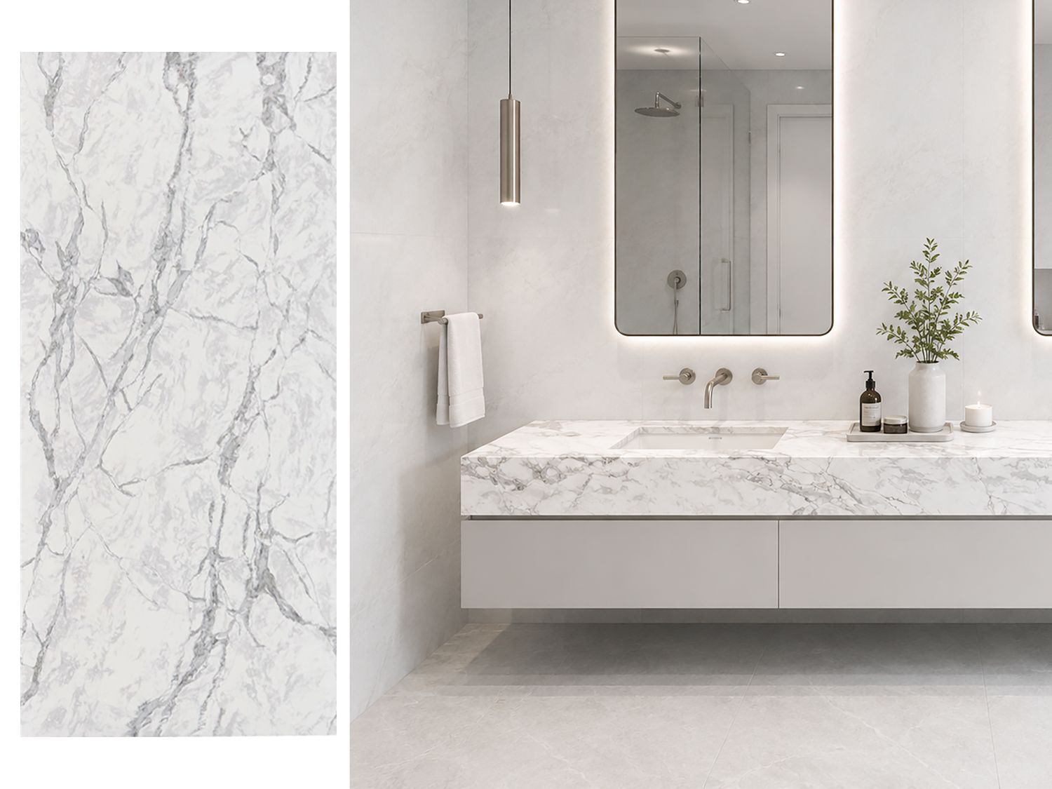 (9ft x 26") or (10ft x 5ft) | Quartz Countertop - Diana White Slab, Polished Honed Countertop, Grey, White