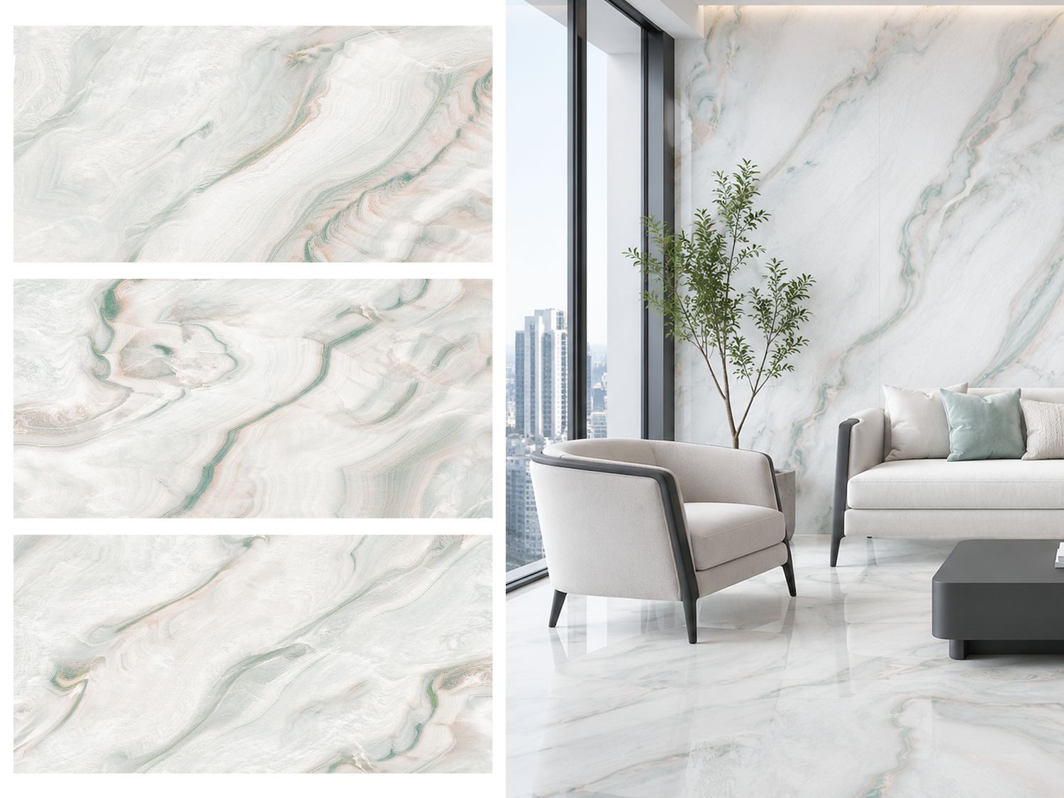 24"x48" Porcelain Wall &amp; Floor Tiles | Arico Green, Marble Effect, Glossy tile
