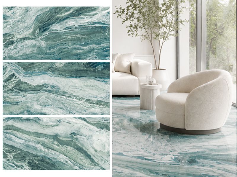 24"x48" Porcelain Wall &amp; Floor Tiles | Barizo Teal, Marble Effect, Glossy tile