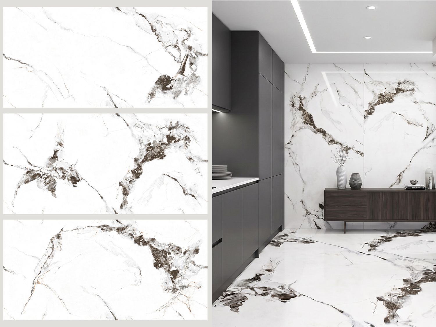24"x48" Porcelain Wall &amp; Floor Tiles | Satvario Pental, Marble Effect, Glossy tile, Beige, Black Brown tile