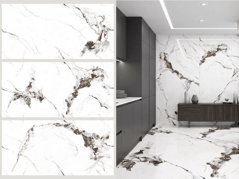 24"x48" Porcelain Wall &amp; Floor Tiles | Satvario Pental, Marble Effect, Glossy tile, Beige, Black Brown tile