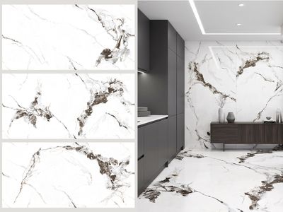 24"x48" Porcelain Wall &amp; Floor Tiles | Satvario Pental, Marble Effect, Glossy tile, Beige, Black Brown tile