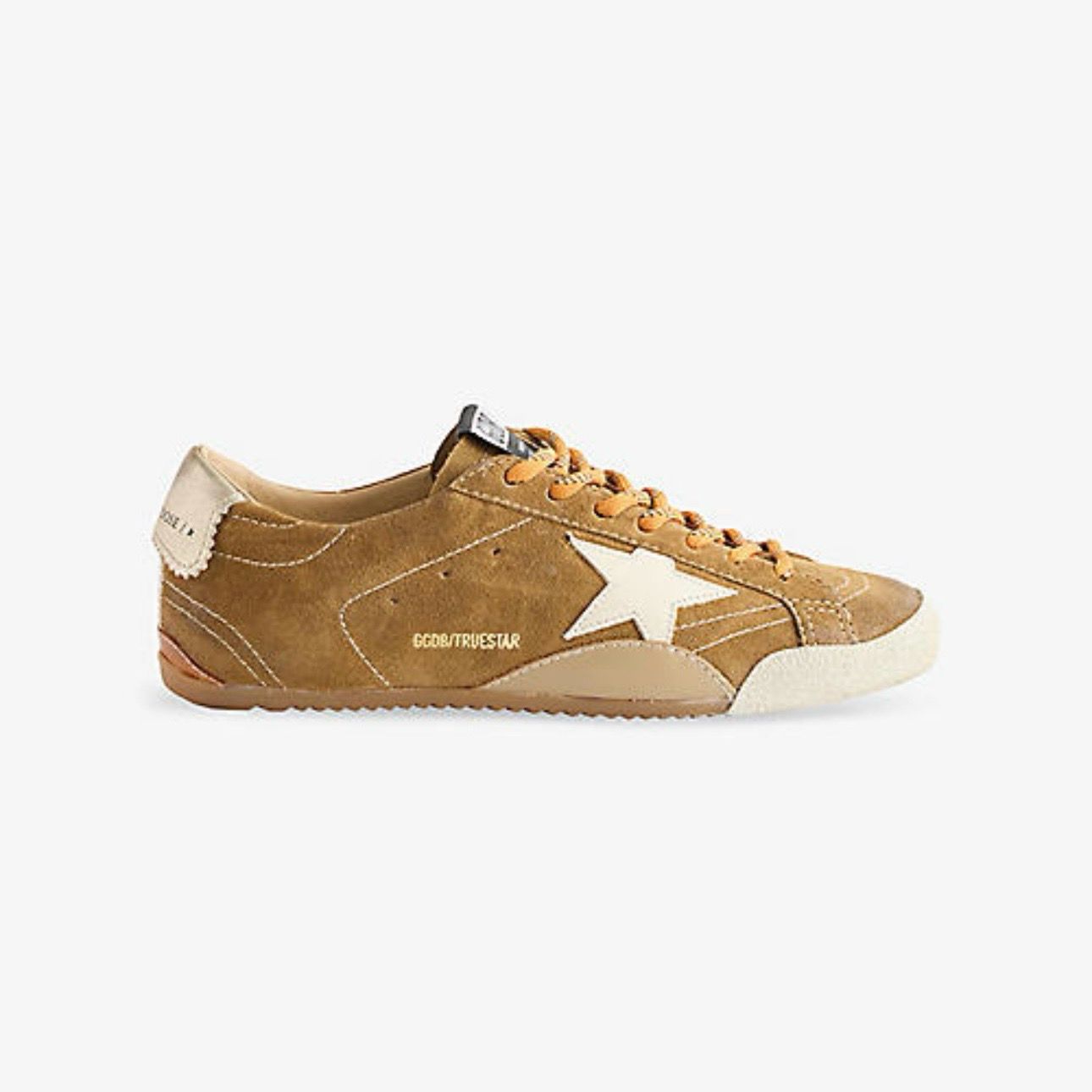 True-Star in tobacco-colored suede with white star and platinum heel tab