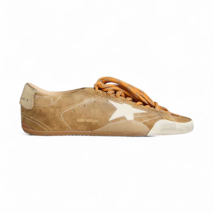 Women's True-Star in tobacco-colored suede with white star and platinum heel tab