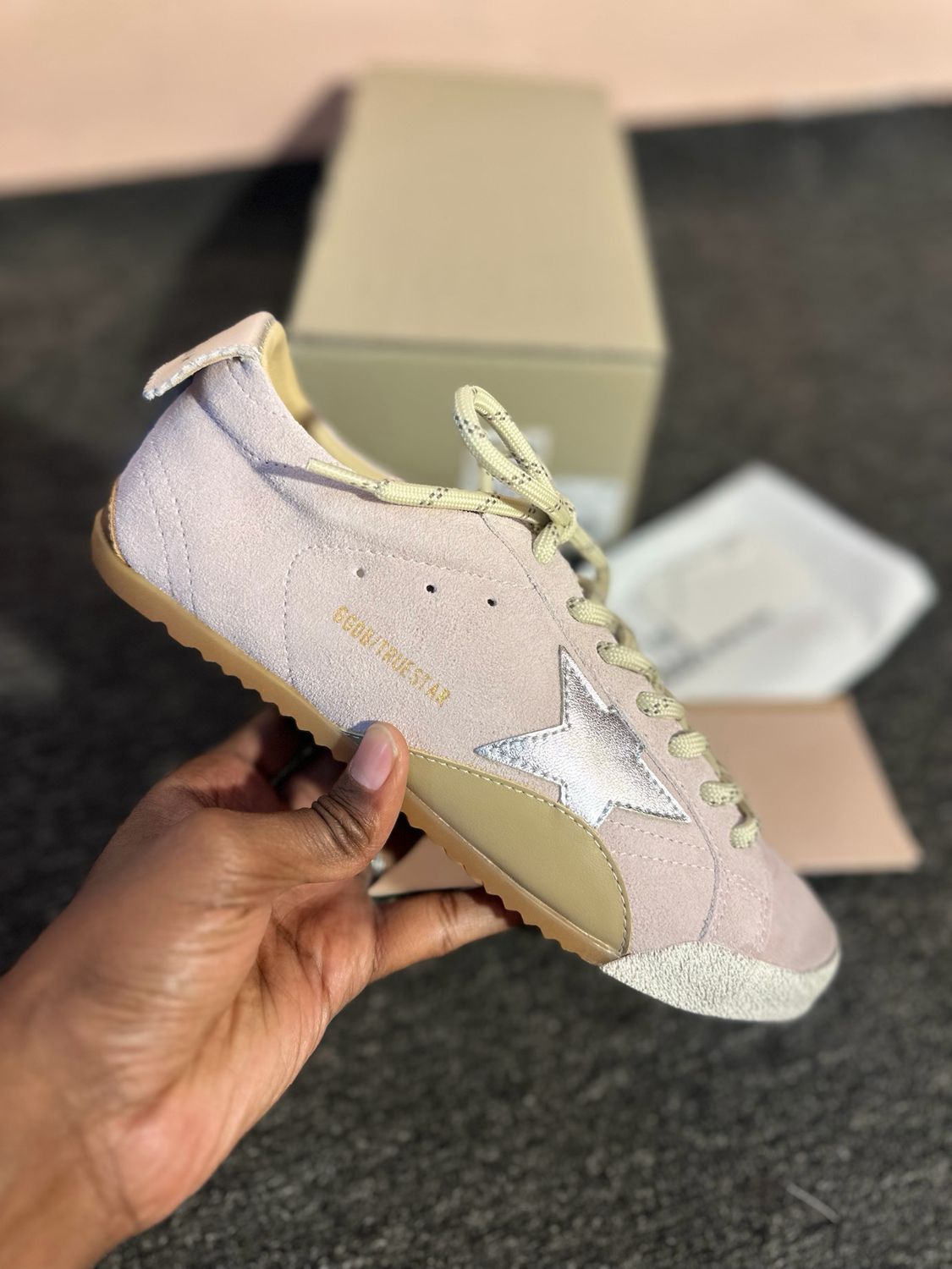 Women's True-Star in pastel pink suede with silver star and heel tab