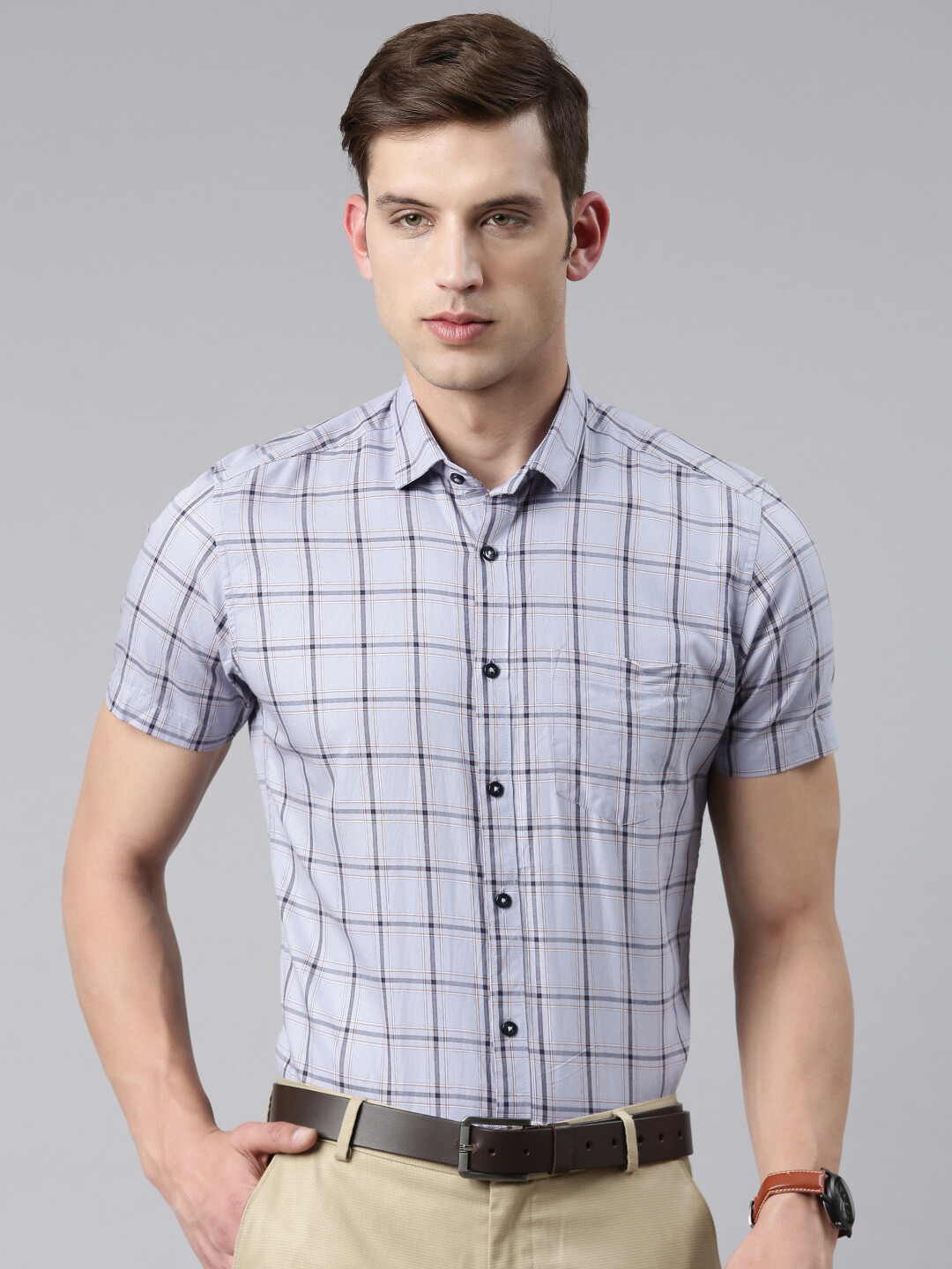Men's Formal Pure Cotton Half Sleeve Checkered Grey Slim Fit Shirt