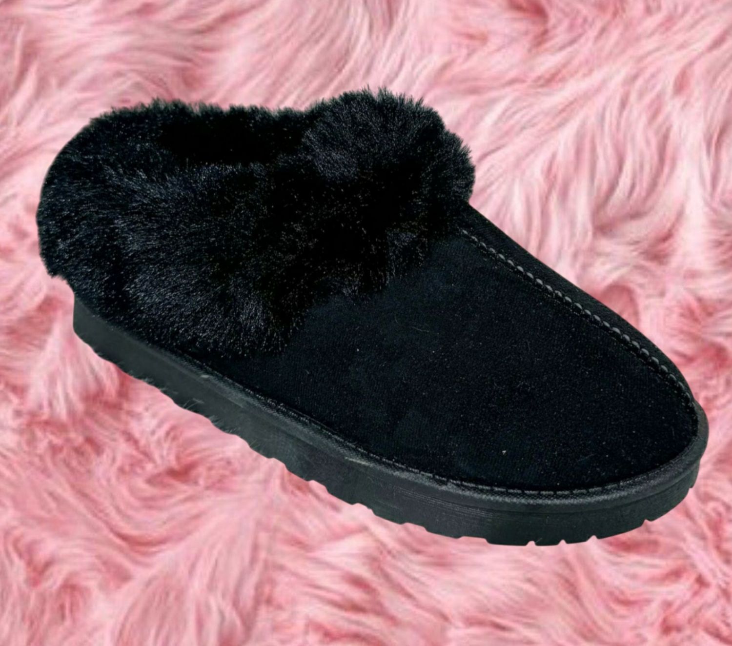 Black fluffy cuffed ankle slippers