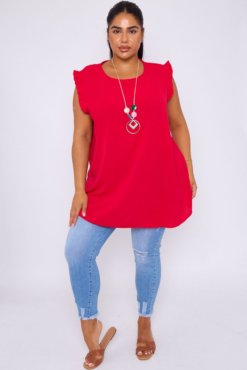 Ruffle Sleeve Round Neck Top with necklace