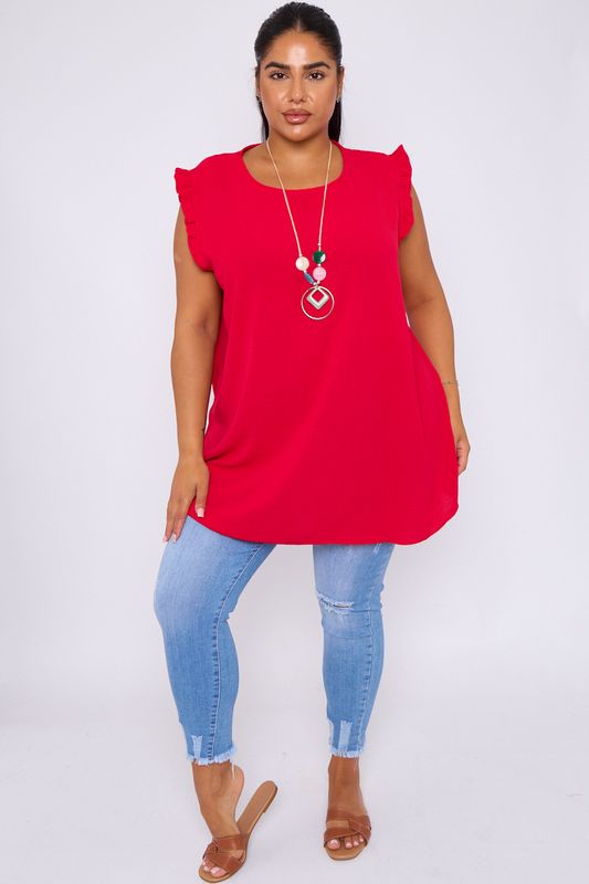 Ruffle Sleeve Round Neck Top with necklace