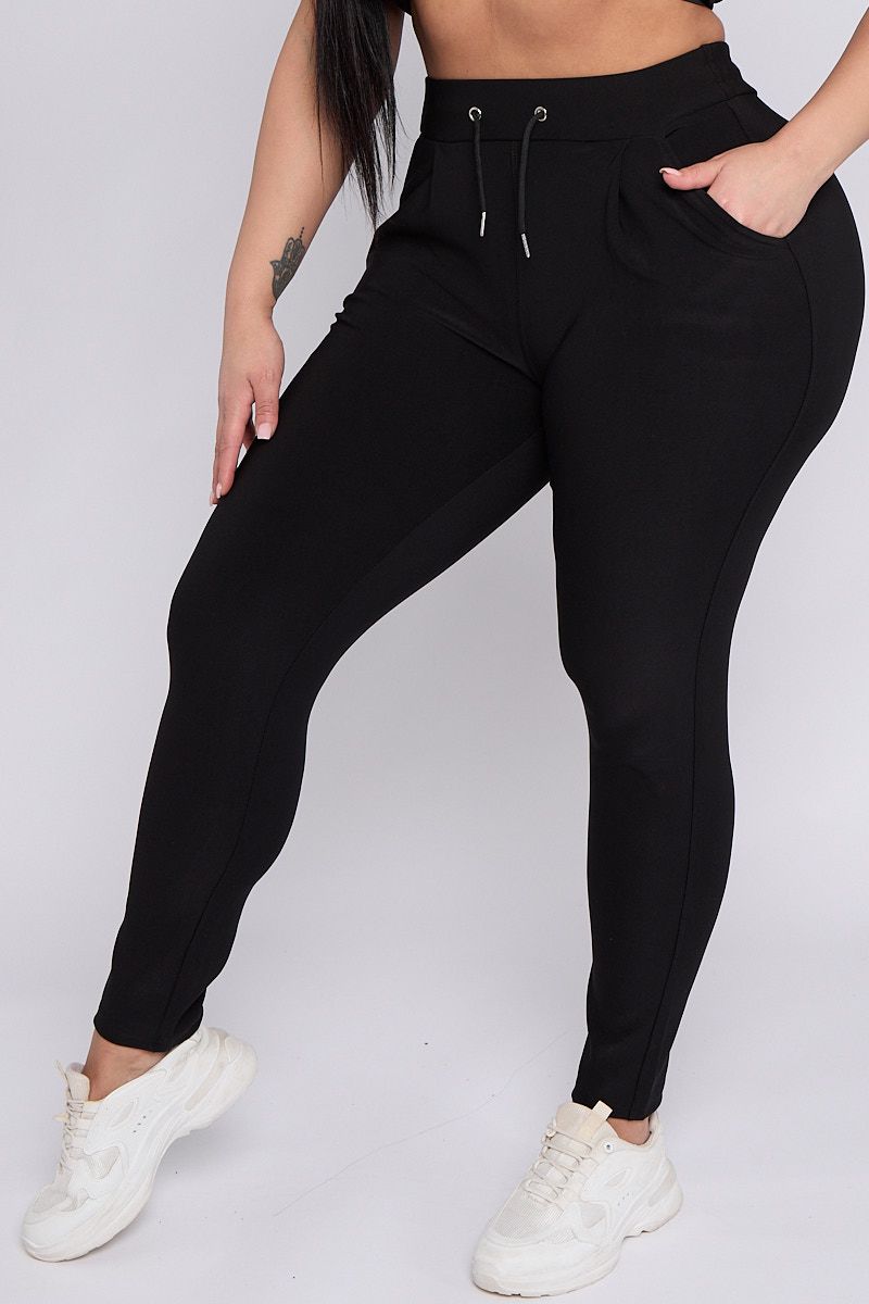 Black full length drawstring waist leggings with pockets