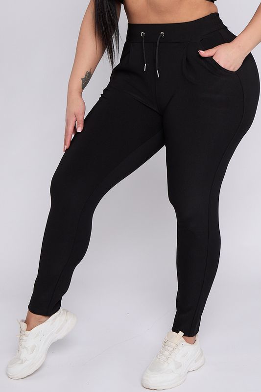 Black full length drawstring waist leggings with pockets