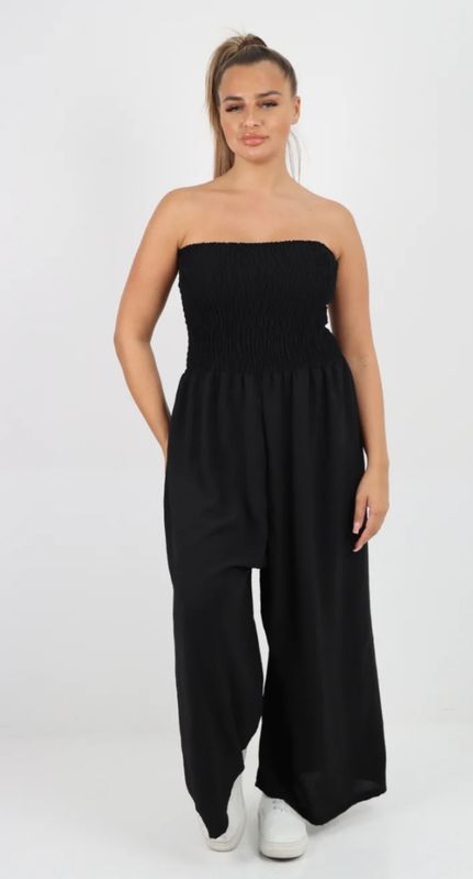 Italian shirred elastic wide leg jumpsuit, Color: Black