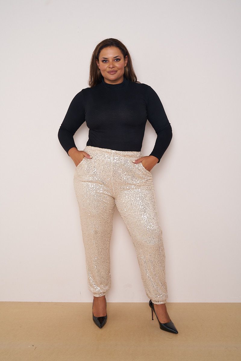 Sequin Easticted Waist Trousers With Pockets