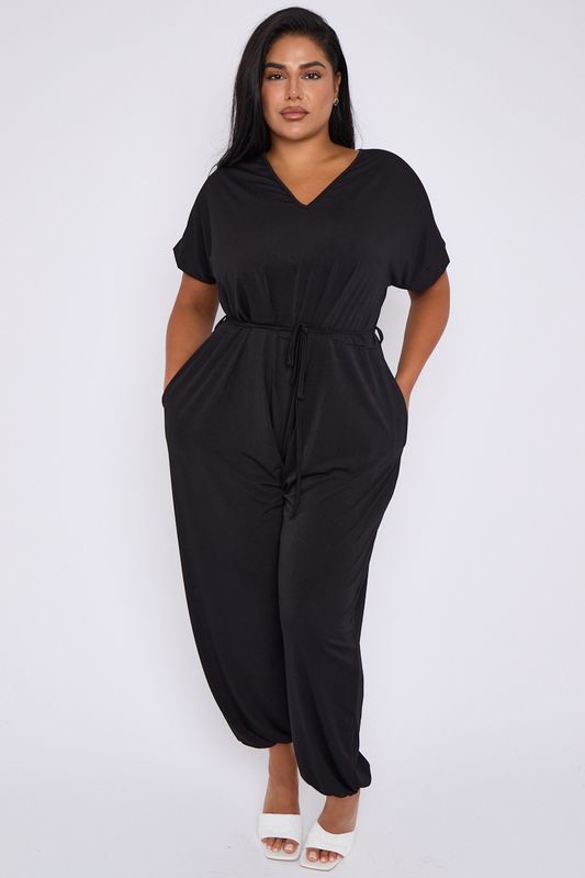 V neck plain tie waist jumpsuit