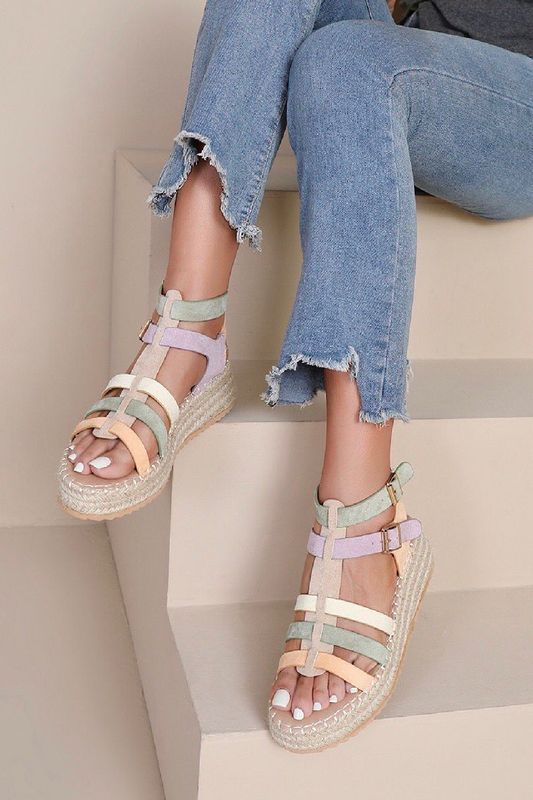 Strappy espadrille low wedge sandals