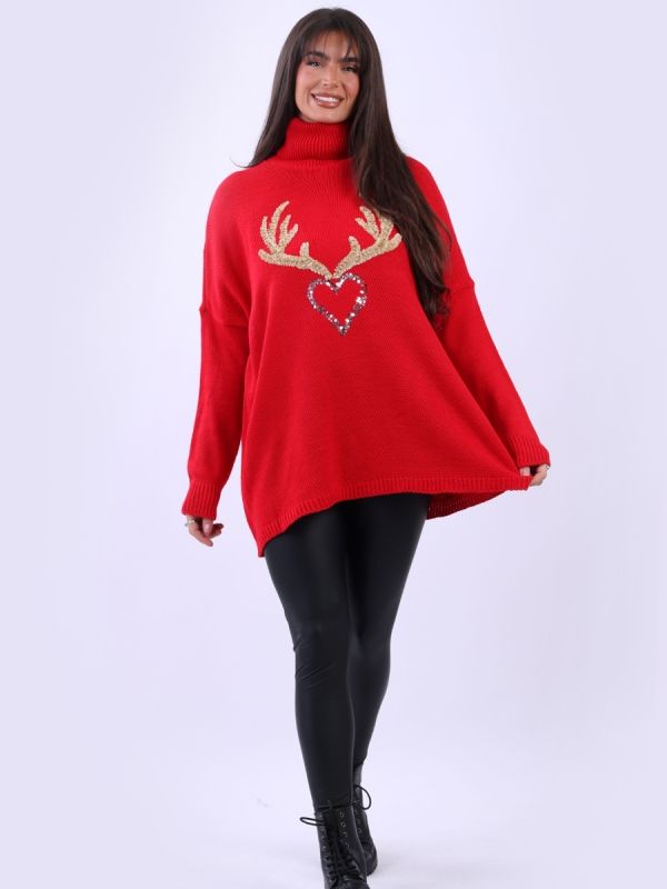 Italian Sequin Heart Reindeer Christmas Woolen Knit Baggy Jumper
