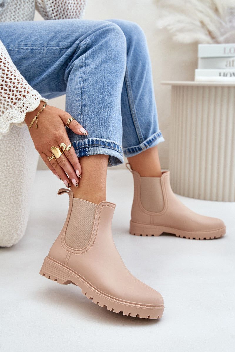 WOMENS BEIGE SLIP ON RAIN BOOTS