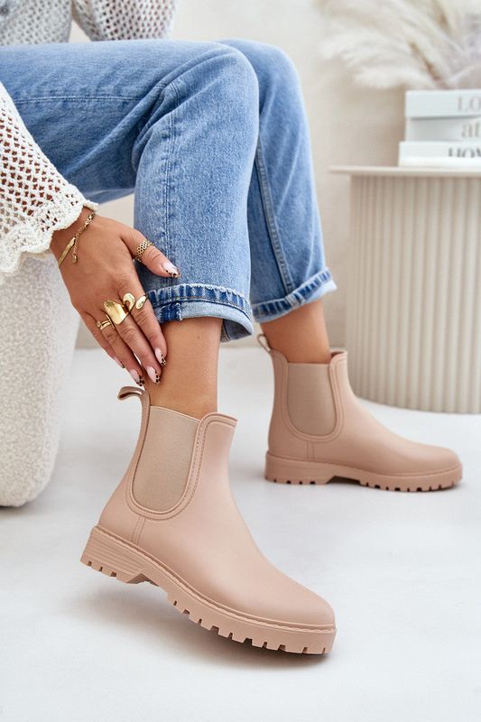 WOMENS BEIGE SLIP ON RAIN BOOTS