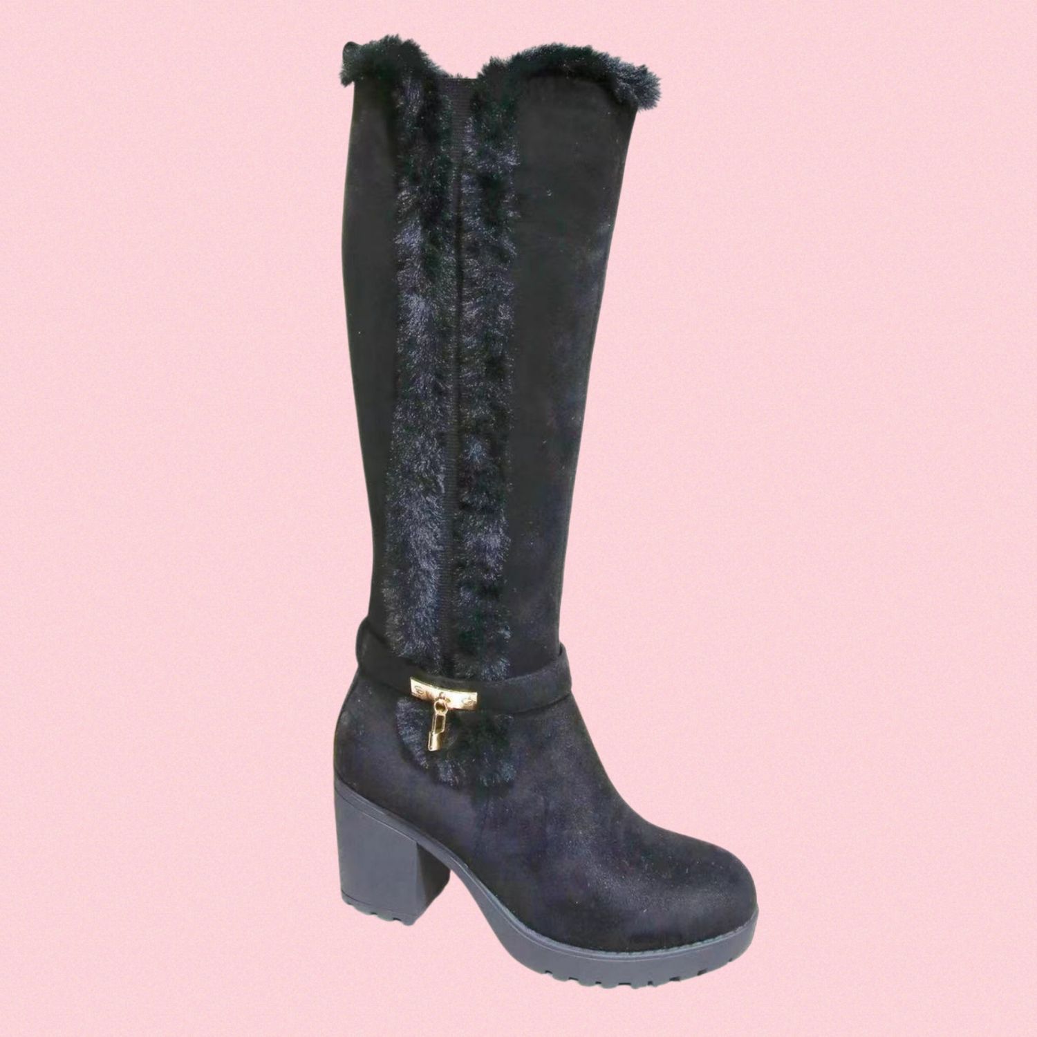 Knee high black fluffy boots