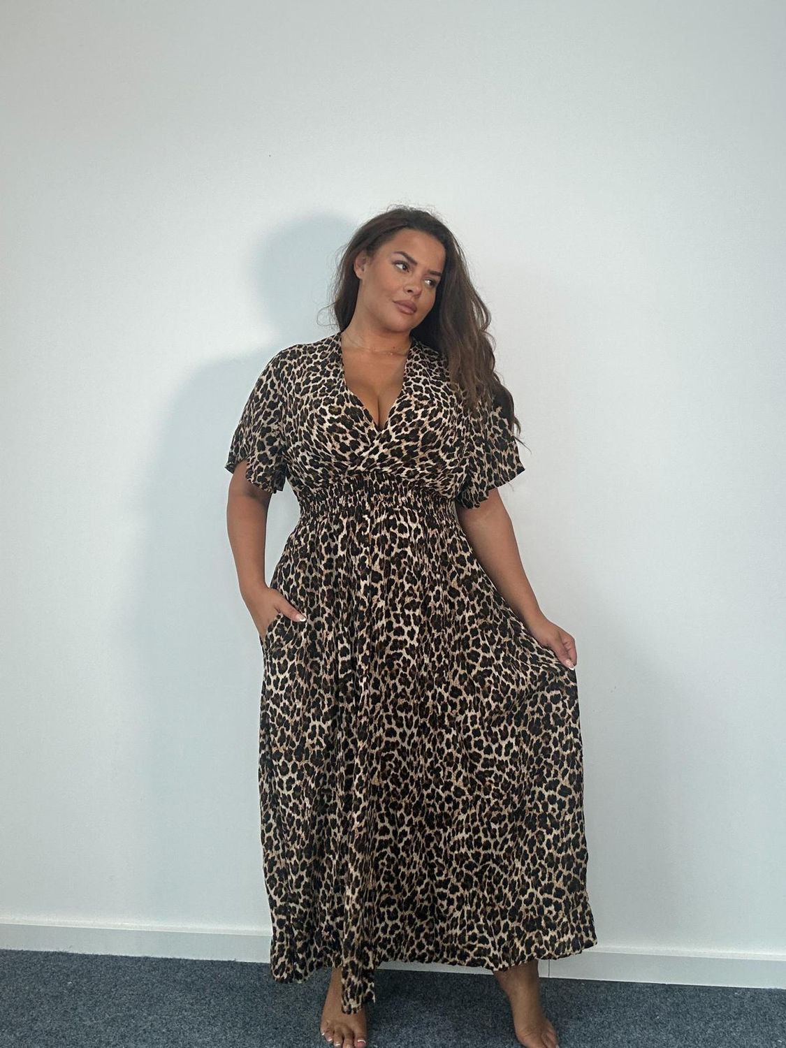 Leopard Print Maxi Dress with Shirred Waist